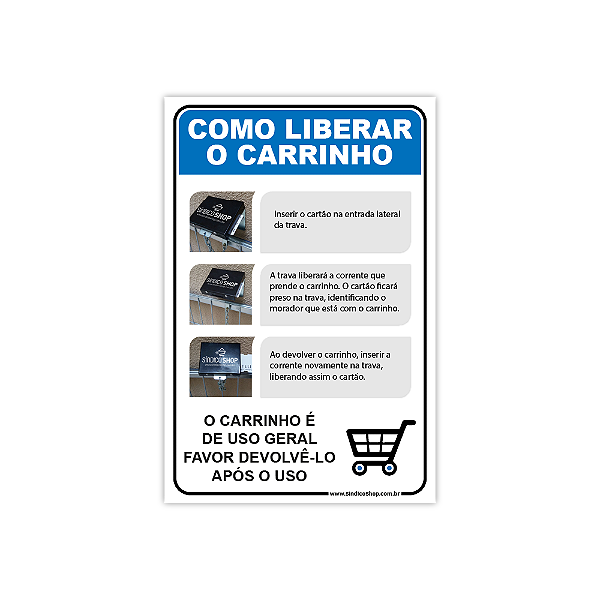 Placa de Instruções – Trava de Cartão para Carrinho de Condomínio 20x30 cm