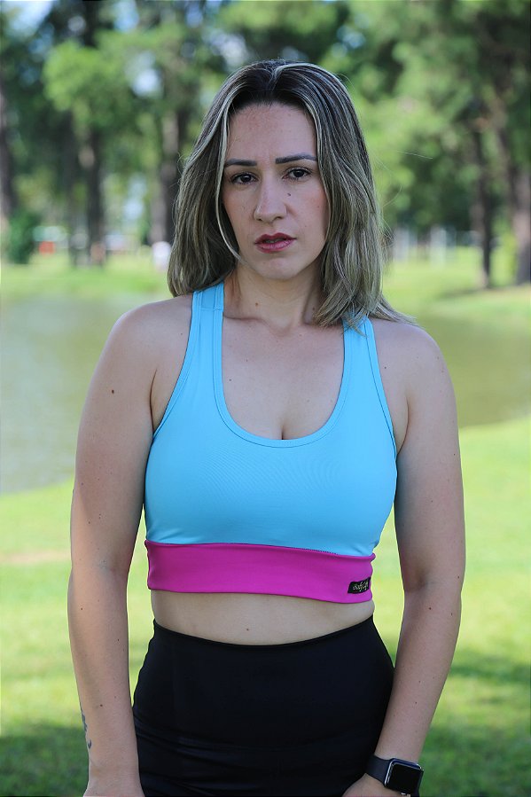 Top Nadador Azul Claro com Pink - Poliamida