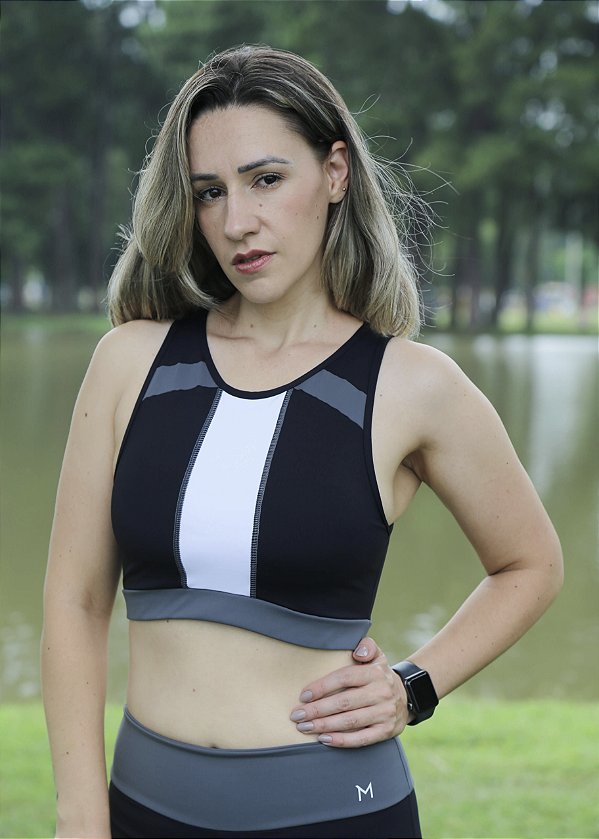 Top Nadador 3 recortes / Preta, Cinza e Branca - Poliamida