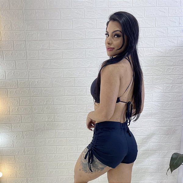 Micro Shorts Drapeado Preto - Poliamida