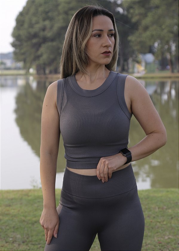 Conjunto Canelado Cinza Granada - Legging + Cropped