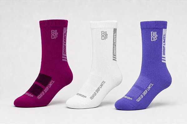 Kit 3 Meias Runner de Poliamida - Roxo, Branco e Rosa Fúcsia