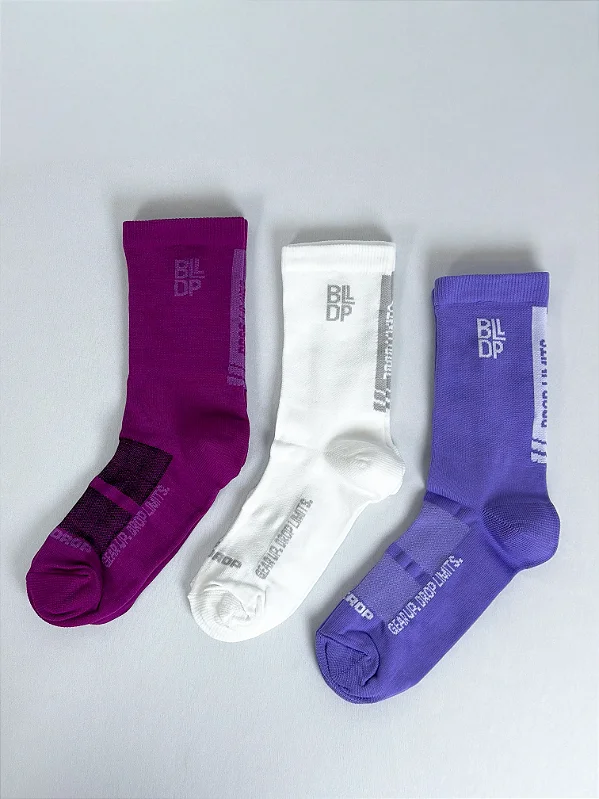 Kit 3 Meias Runner de Poliamida - Roxo, Branco e Rosa Fúcsia