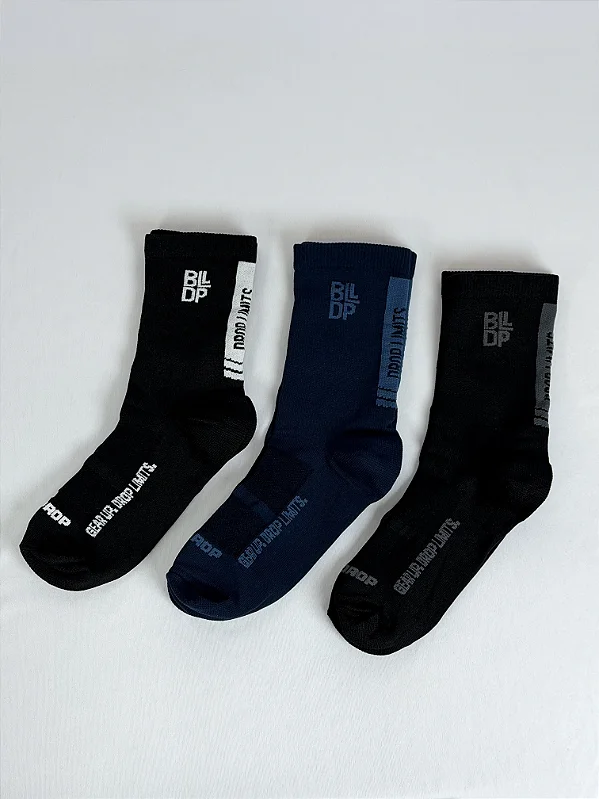 Kit 3 Meias Runner de Poliamida - Preto/Branco, Azul Marinho e Preto/Cinza