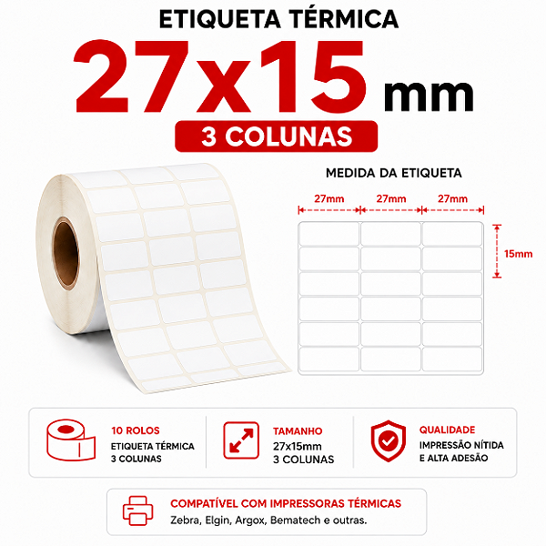 10 Rolos Etiqueta adesiva Térmica 27x15