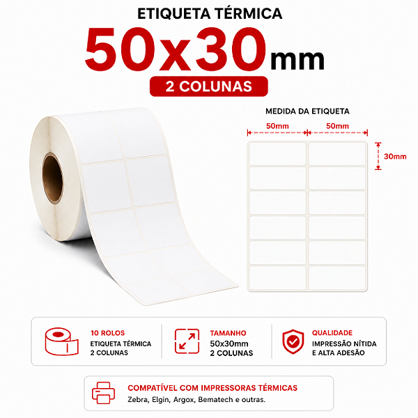 10 Rolos Etiqueta adesiva Térmica 50x30