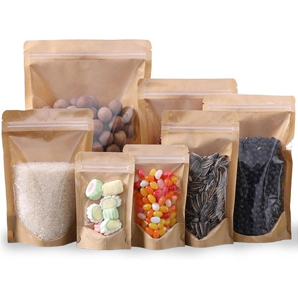 Sacos Stand Up Pouch 12x20cm Kraft Frente Transparente - Pct c/ 50