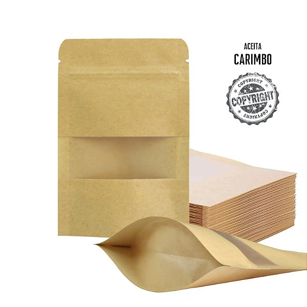 Saco Stand Up Pouch Kraft c/ Visor 12x20+4 cm -  Pct c/ 50