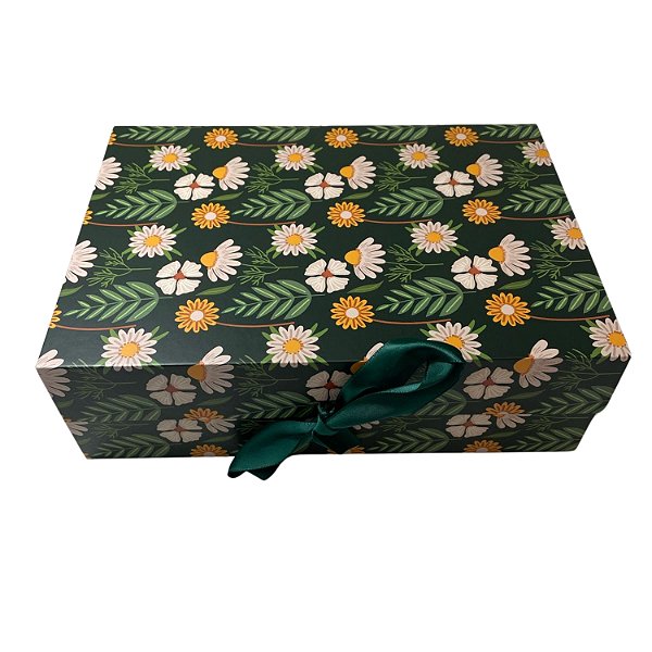 Caixa Dobrável c/ Fita Cetim c/ Estampa Margarida (P) 28.2x20.2x9.2cm