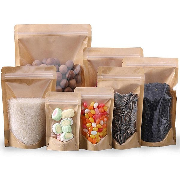 Sacos Stand Up Pouch 14x20cm Kraft Frente Transparente - Pct c/ 50