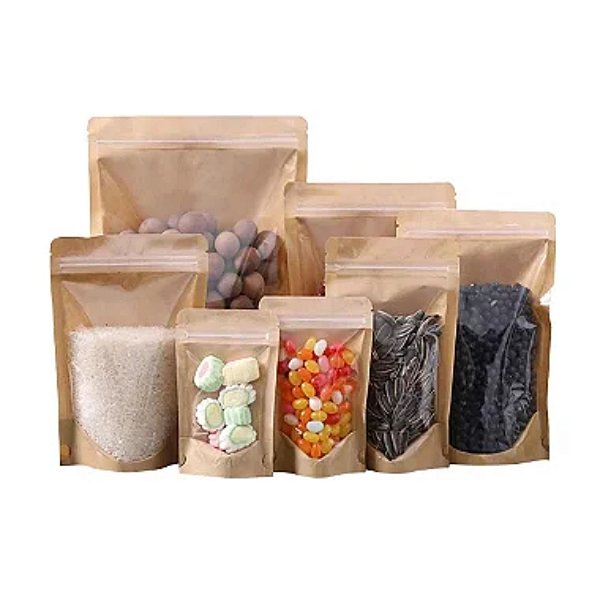 Sacos Stand Up Pouch 16x24cm Kraft Frente Transparente - Pct c/ 50