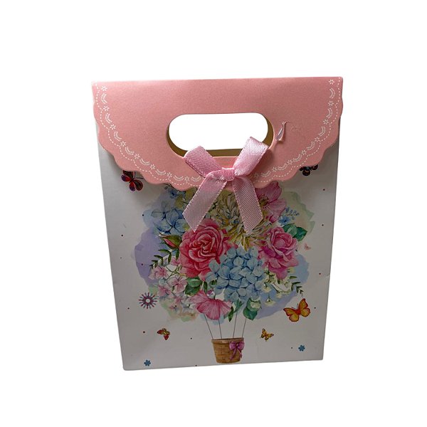 Sacola de Papel P/ Presente c/ Velcro Estampa Flores (M) 19x9x27cm - Pct c/ 12