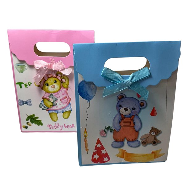 Sacola de Papel P/ Presente c/ Velcro Estampa Ursinho (L) 24.5x31x12cm - Pct c/ 12