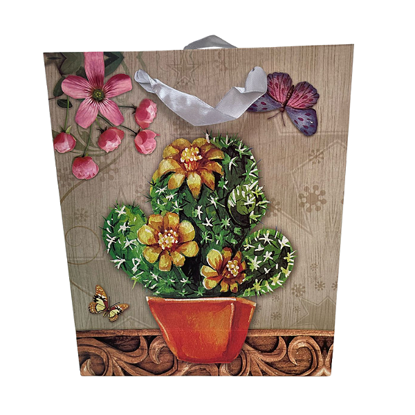 Sacola de Papel p/ Presente Estampa Cacto (M) 32x26x10cm - Pct c/ 12