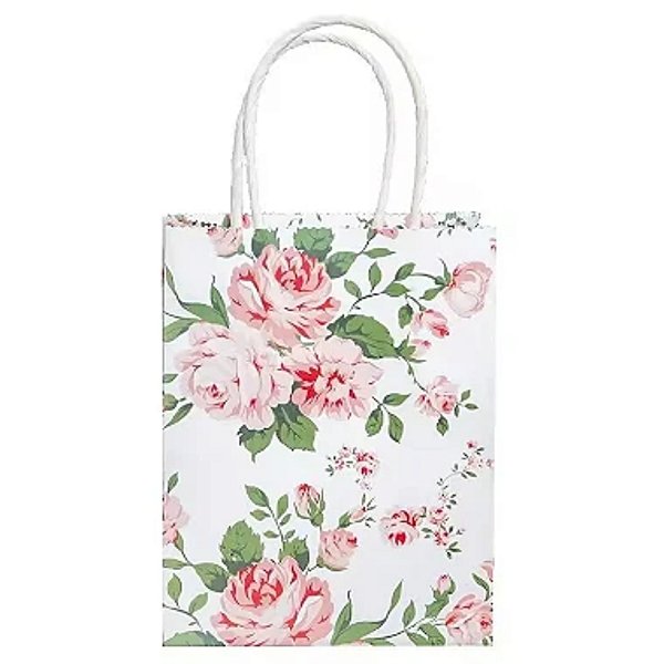 Sacola de Papel p/ Presente Estampa Flores (S) 18x24x7m - Pct c/ 12