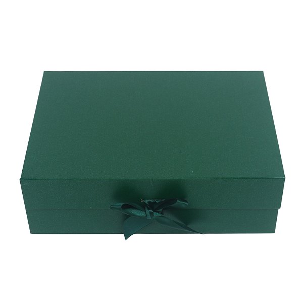 Caixa Dobrável Verde c/ Brilho Papel e Cetim (P) 28.2x20.2x9.2 cm