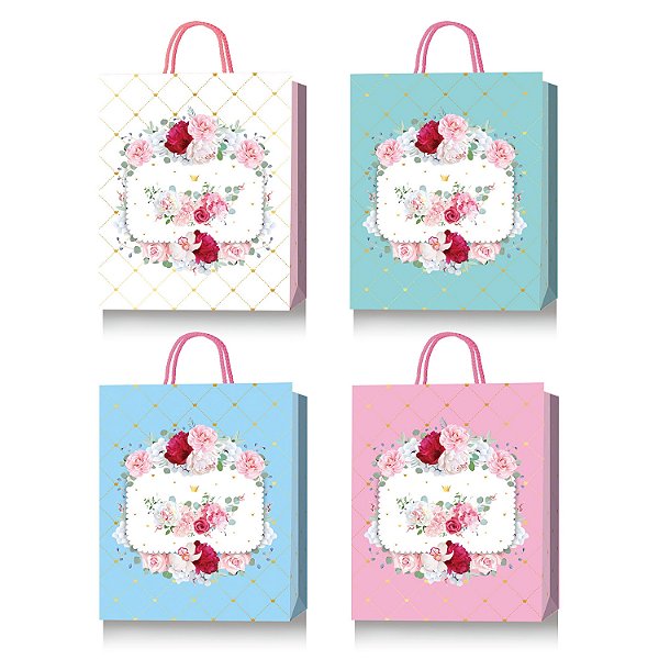 Sacola de Papel p/ Presente (M) 26x32x10cm c/ Flores - 12 Un