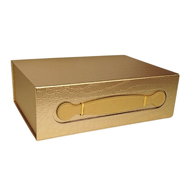 Caixa Dobrável Dourada Metalizada com Textura Papel com Alça (M) 28.2x20.2x9.2cm