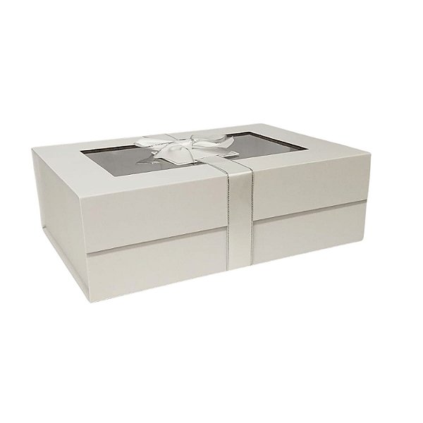 Caixa Dobrável Branco Papel com Visor e Laço de Cetim Removível (P) 20x18.2x8cm