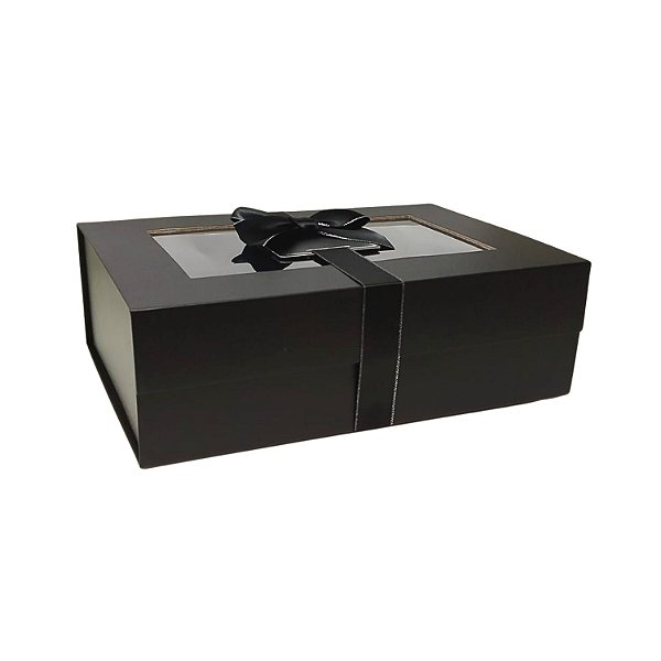 Caixa Dobrável Preta Papel com Visor e Laço de Cetim Removível (G) 33x25x12cm