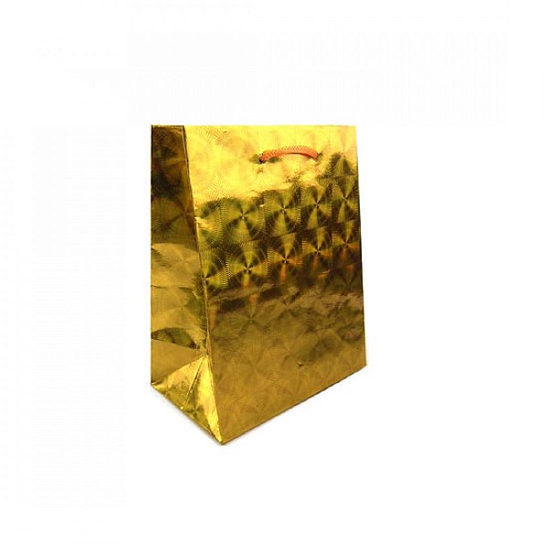 Sacola de Papel Holográfico p/ Presente Dourada 8x10x4cm - Pct c/ 12