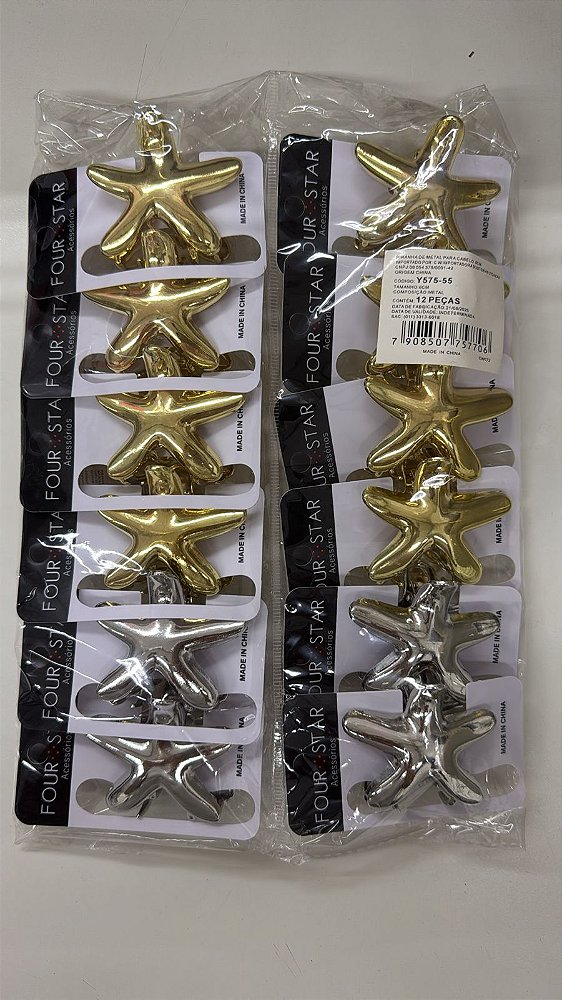 Piranha de Metal Four Star Estrela Dourada e Prata 6cm - 12 unid - Y575-55