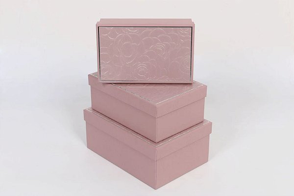 Conj. 3 Caixas Papel P/ Presente Rosa de Flor Auto-Relevo - Four Star