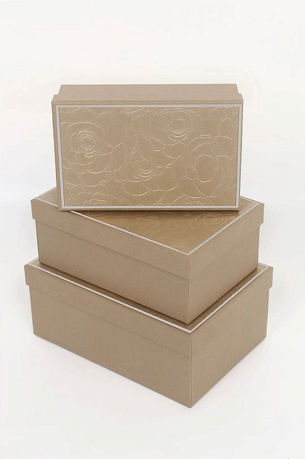 Conj. 3 Caixas Papel P/ Presente Ouro Velho de Flor Auto-Relevo - Four Star