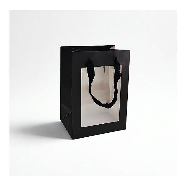 Sacola de Papel p/ Presente Preta com Visor (S) 20x15x10cm - Pct c/ 12 - Four Star