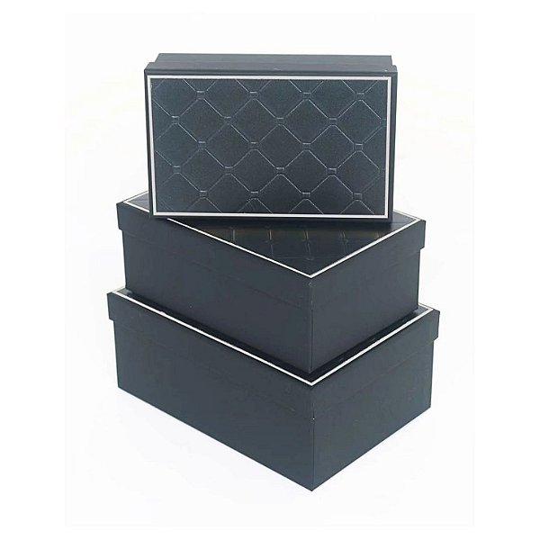 Conj. 3 Caixas Papel P/ Presente Preto Auto-Relevo - Four Star