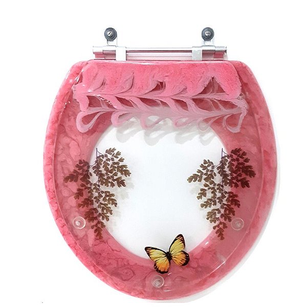 Assento Sanitário Poliester Oval Decorado Quartzo Rosa Com Borboleta Amarela