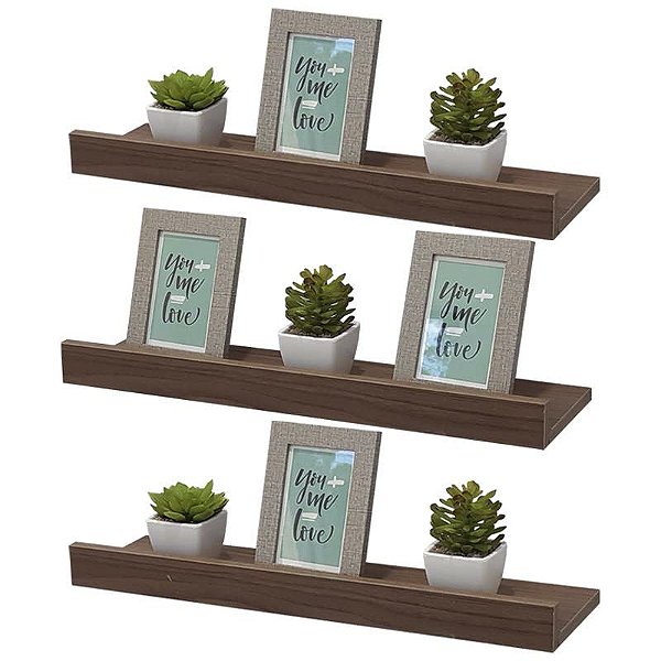 Kit 3 Prateleiras Porta Quadros 50 x 15cm Nogal Suporte Invisível