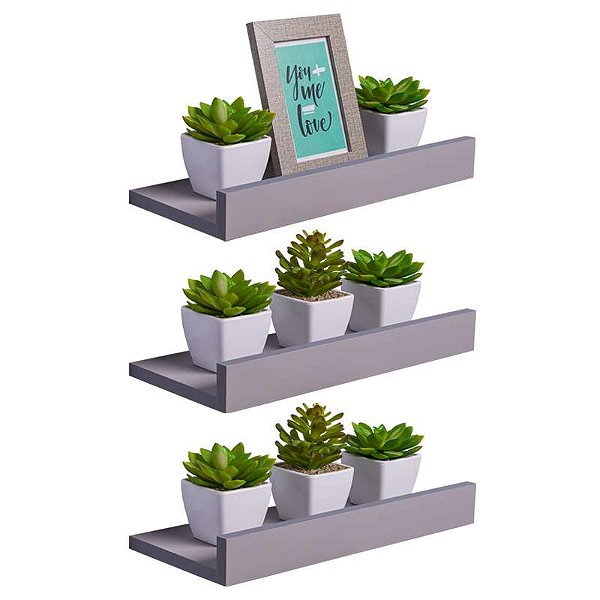 Kit 3 Prateleiras Porta Quadros 30 x 15cm Cinza Claro Suporte Invisível