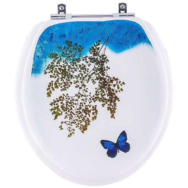 Assento Sanitário Almofadado Oval Branco Decorado Borboleta