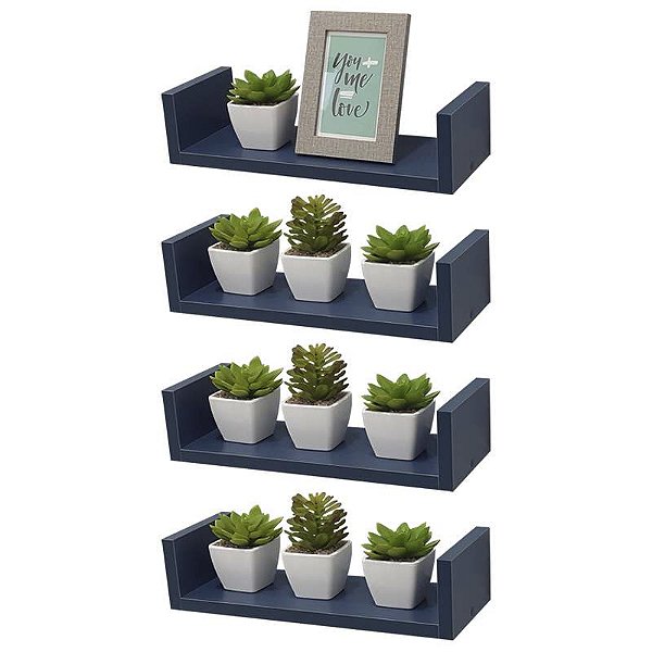Kit 4 Prateleiras U 50 x 10cm azul Suporte Invisível