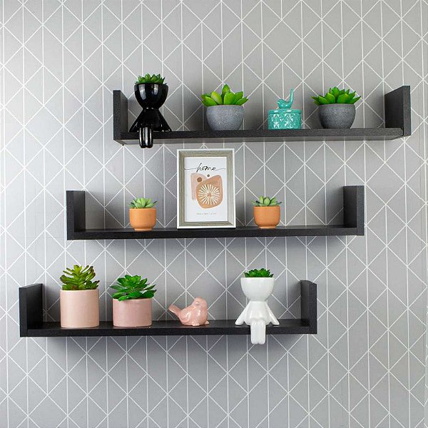Kit 3 Prateleiras Nichos em U 60x15 MDF Preto com Suporte Flutuante Invisível