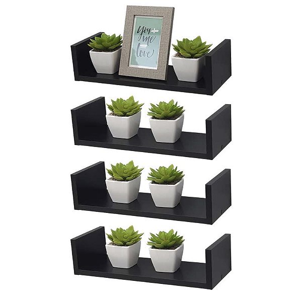 Kit 4 Prateleiras Nichos em U 40x20 MDF Preto com Suporte Flutuante Invisível