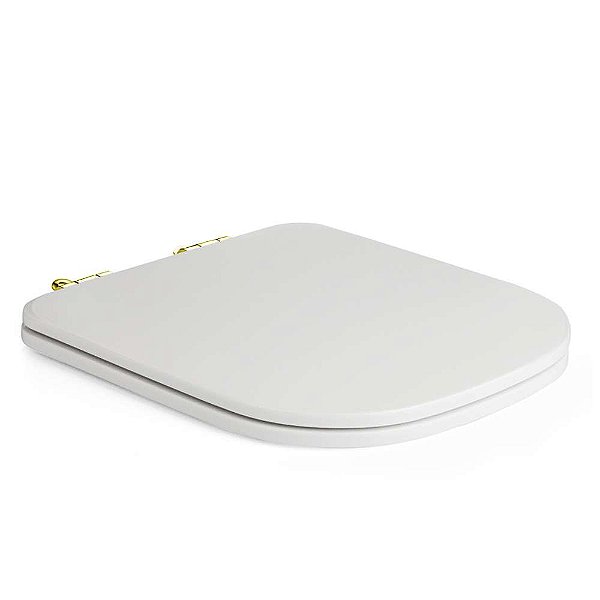 Assento Poliester Soft Close Antimicrobiano Quadra Branco para vaso Deca com Ferragem Dourada