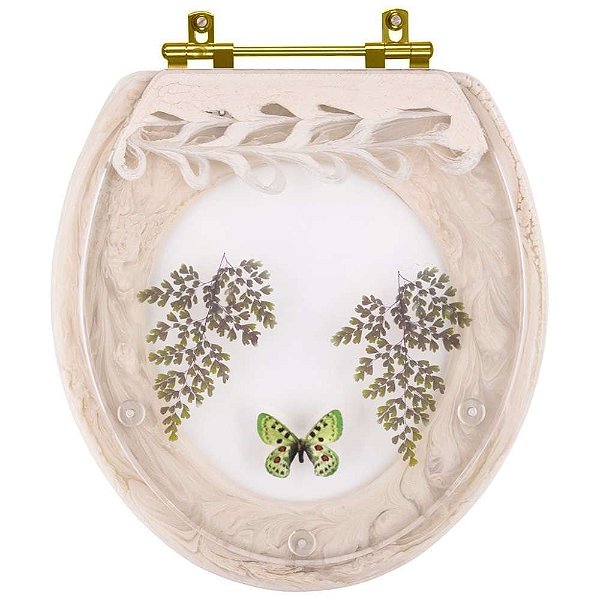 Assento Sanitário Decorado Oval Convencional Bege Claro Com Borboleta Verde para todas as marcas Com Ferragem Dourada