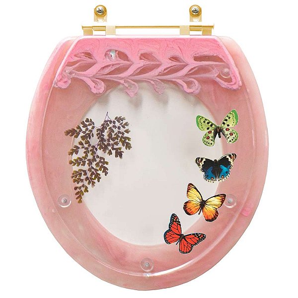 Assento Sanitário Poliester Oval Rosa Quartzo Decorado Borboletas Com Ferragem Dourada