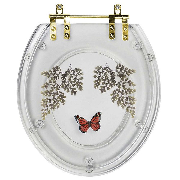 Assento Sanitário Poliester Oval Transparente Decorado Borboleta Vermelha Com Ferragem Dourada