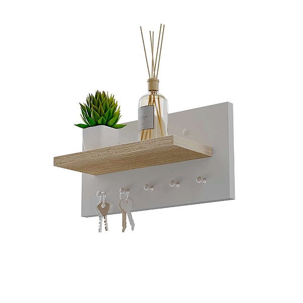 Porta Chaves Minimalista de Parede com 5 pinos Branco e Carvalho