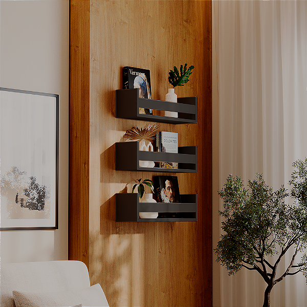 Kit 3 Prateleiras Porta Livros Preta 50 x 12cm Suporte Invisivel