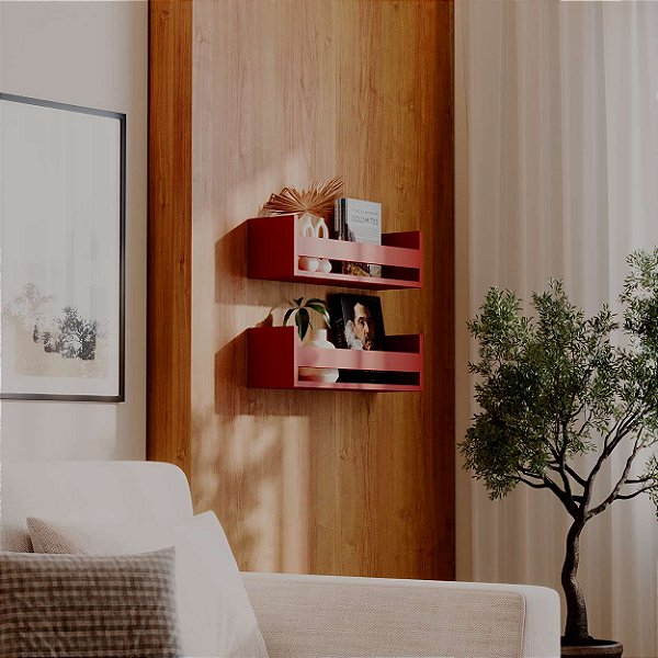 Kit 2 Prateleiras Porta Livros Vermelha 50 x 12cm Suporte Invisivel