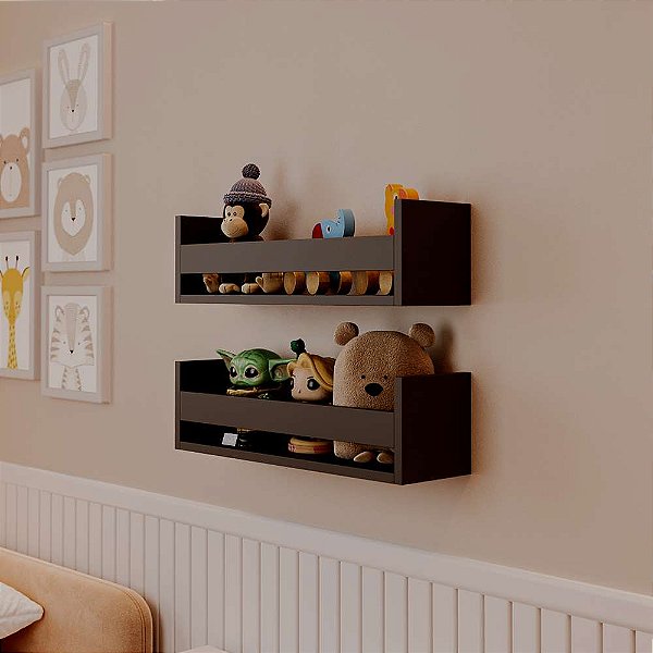 Kit 2 Prateleiras Porta Brinquedos Preta 60 x 12cm Suporte Invisivel