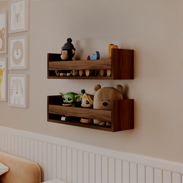 Kit 2 Prateleiras Porta Brinquedos Nogal 60 x 12cm Suporte Invisivel