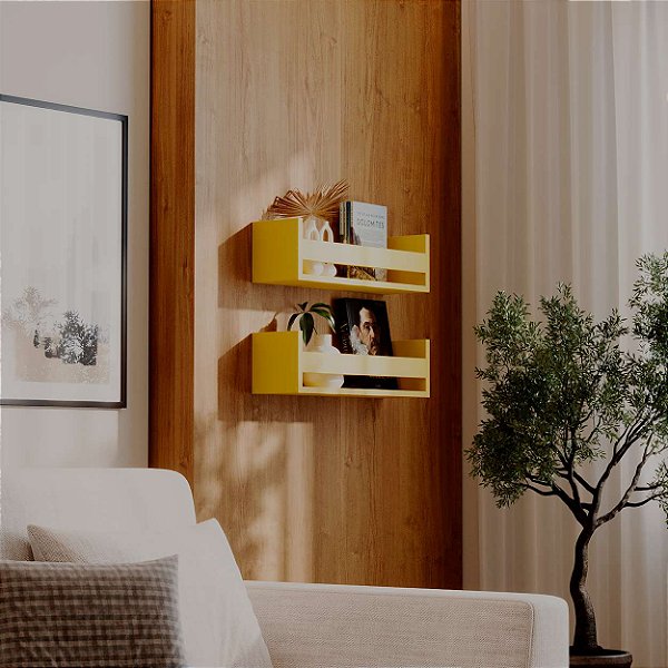 Kit 2 Prateleiras Porta Livros Amarela 60 x 12cm Suporte Invisivel