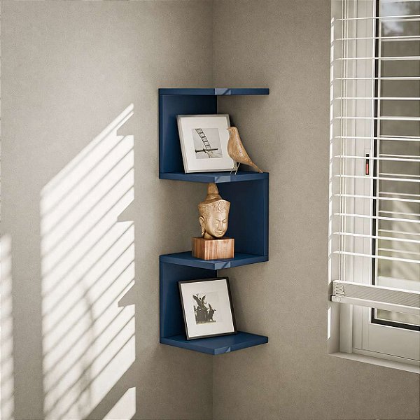 Prateleira de Canto Lyra 3 Nichos Decorativos Azul para Sala Quarto Livros