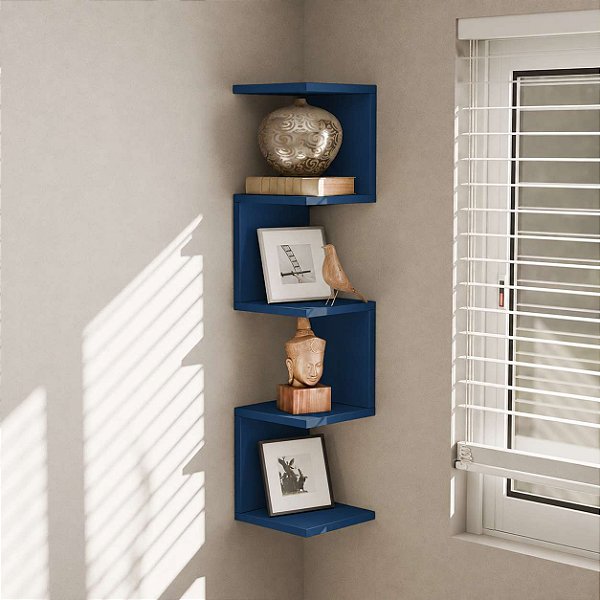 Prateleira de Canto Lyra 4 Nichos Decorativos Azul para Sala Quarto Livros