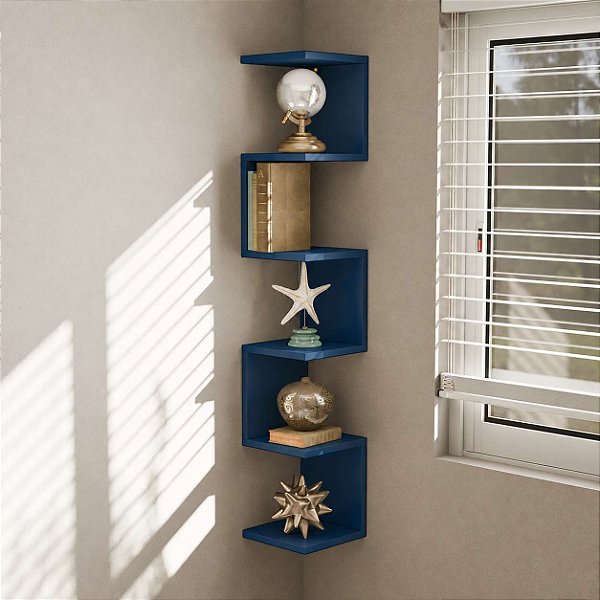 Prateleira de Canto Lyra 5 Nichos Decorativos Azul para Sala Quarto Livros